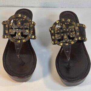 Tory Burch Dark Brown Leather Studded Miller Thong Sandals with Gold Studs